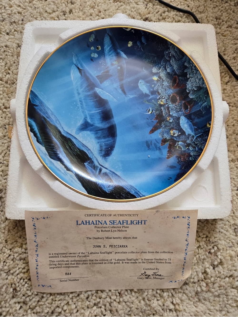 Lahaina Seaflight Porcelain Collector Plate - Ocean Blue with Gold Rim